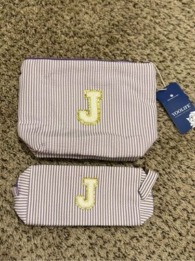Purple Seersucker Felt Glitter 'J' Monogram Cosmetic Bag Set